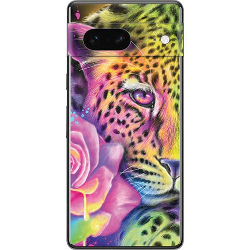 Neon Rainbow Cheetah with Rose by Sheena Pike Pixel Skins